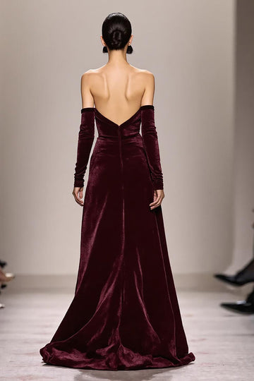 Dark Red Sweetheart Long Velvet Formal Dress with Slit